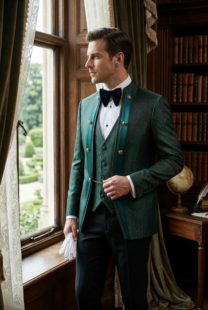 Jade Majesty - Emerald Green Paisley Mandarin 3-Piece Tuxedo