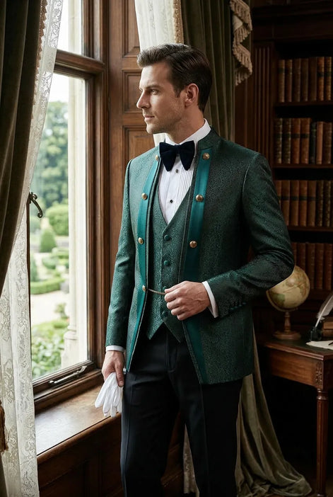 Jade Majesty - Emerald Green Paisley Mandarin 3-Piece Tuxedo