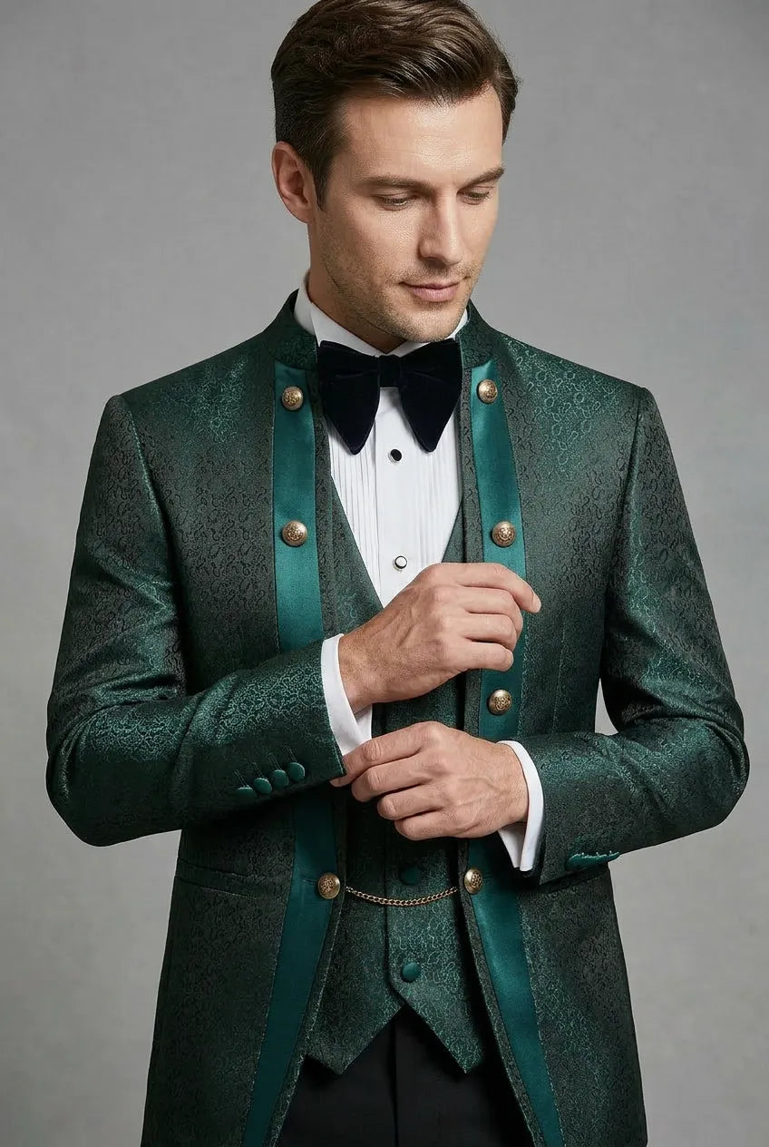 Jade Majesty - Emerald Green Paisley Mandarin 3-Piece Tuxedo