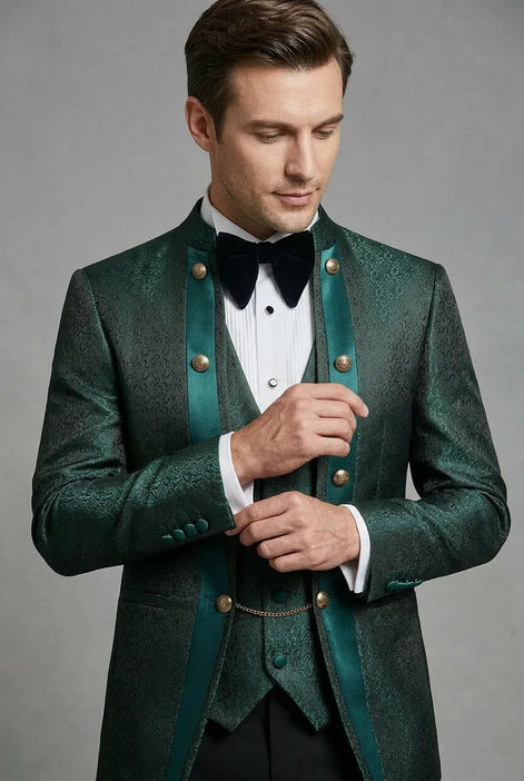 Jade Majesty - Emerald Green Paisley Mandarin 3-Piece Tuxedo