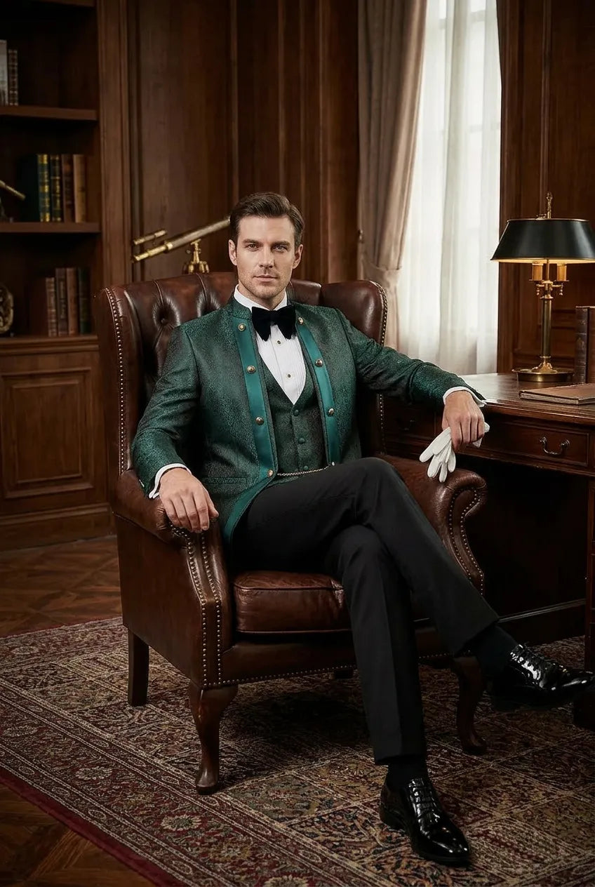 Jade Majesty - Emerald Green Paisley Mandarin 3-Piece Tuxedo