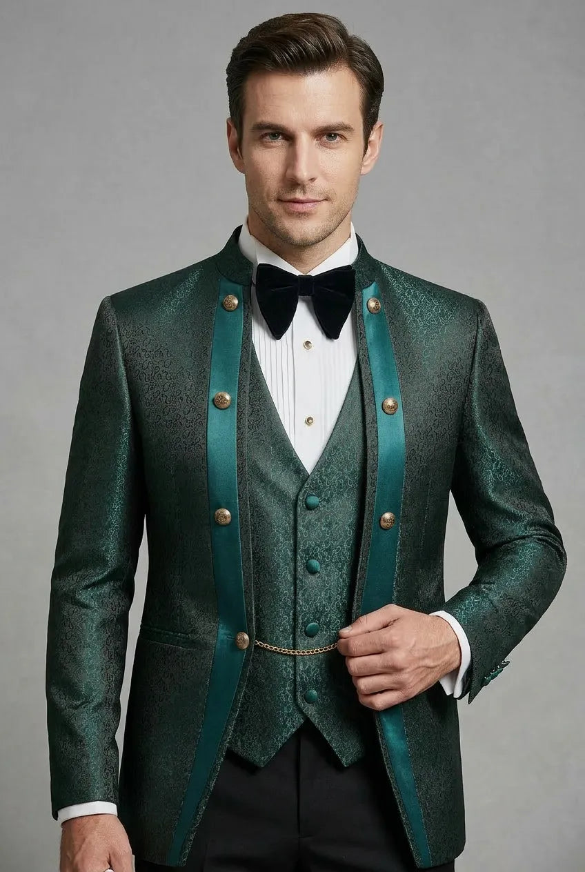 Jade Majesty - Emerald Green Paisley Mandarin 3-Piece Tuxedo