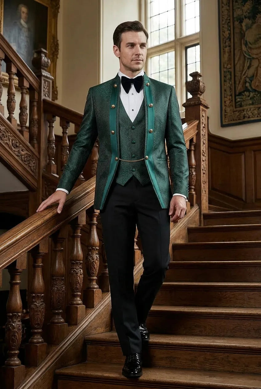 Jade Majesty - Emerald Green Paisley Mandarin 3-Piece Tuxedo