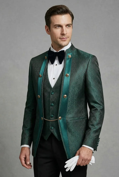 Jade Majesty - Emerald Green Paisley Mandarin 3-Piece Tuxedo
