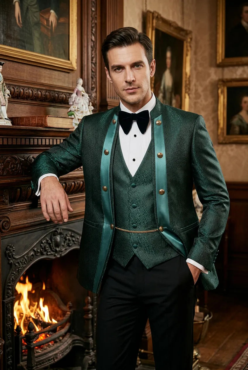 Jade Majesty - Emerald Green Paisley Mandarin 3-Piece Tuxedo