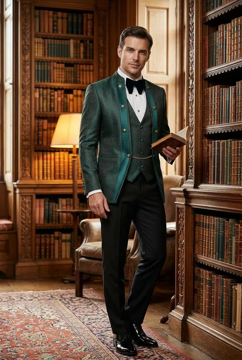 Jade Majesty - Emerald Green Paisley Mandarin 3-Piece Tuxedo