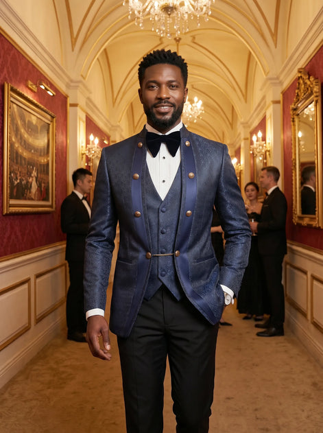 Indigo Majesty - Navy Blue Paisley Mandarin 3-Piece Tuxedo