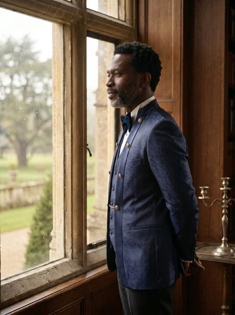 Indigo Majesty - Navy Blue Paisley Mandarin 3-Piece Tuxedo