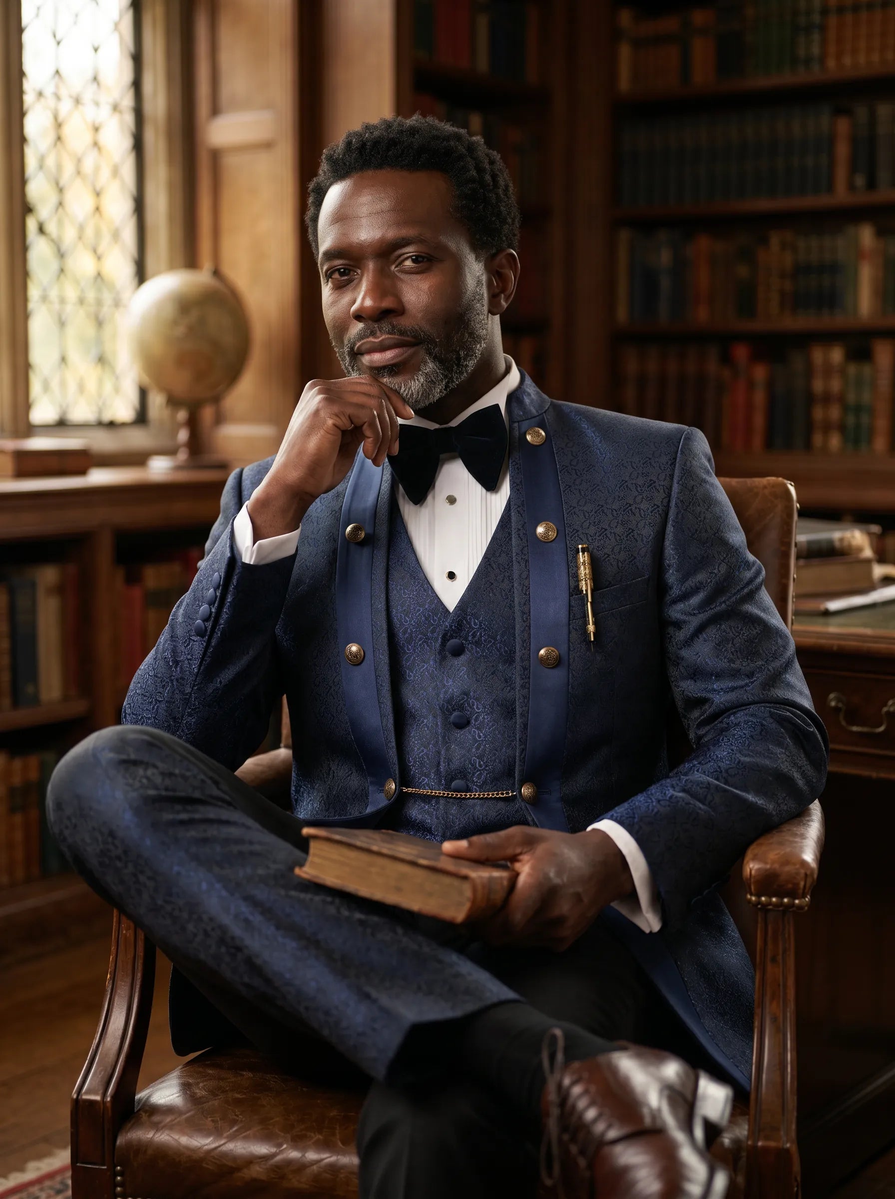Indigo Majesty - Navy Blue Paisley Mandarin 3-Piece Tuxedo