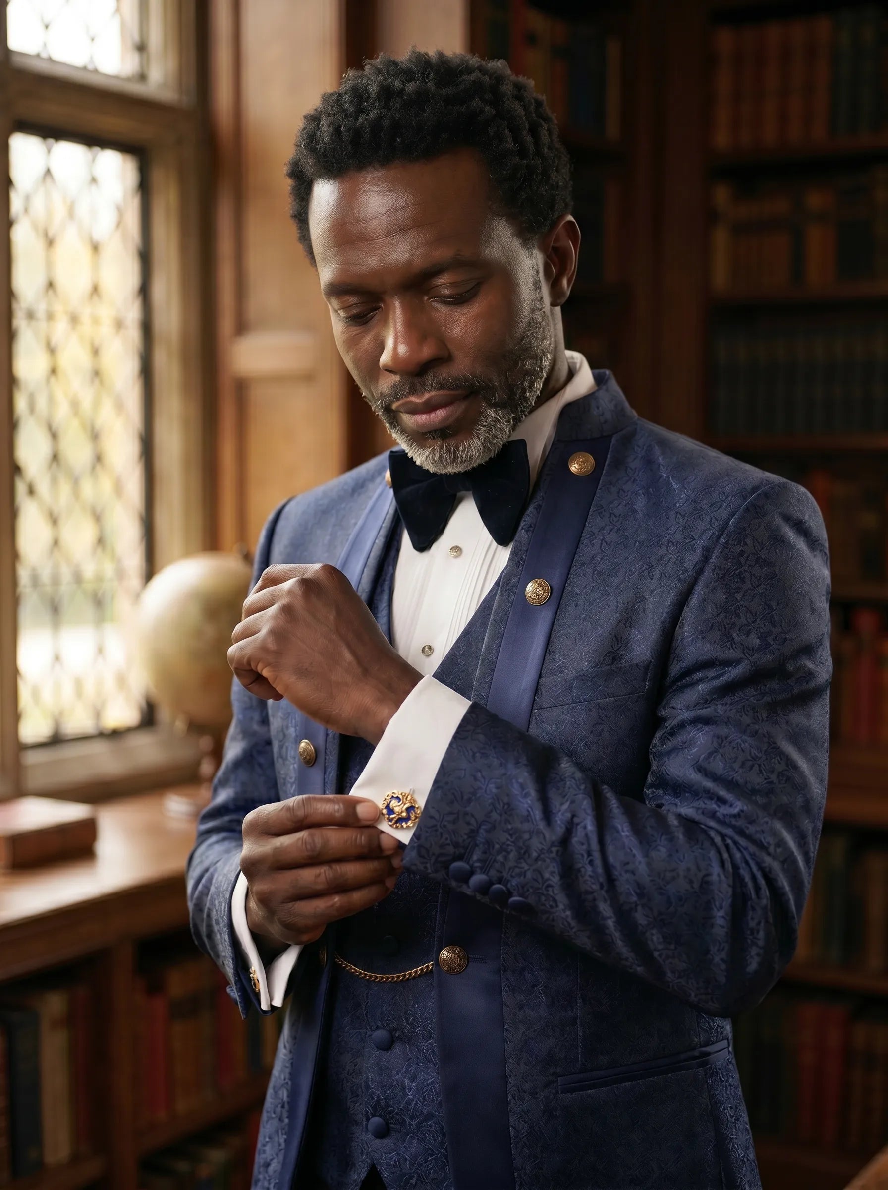 Indigo Majesty - Navy Blue Paisley Mandarin 3-Piece Tuxedo