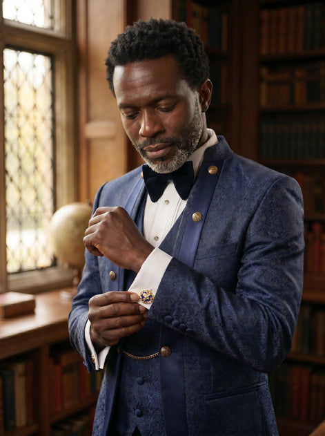 Indigo Majesty - Navy Blue Paisley Mandarin 3-Piece Tuxedo