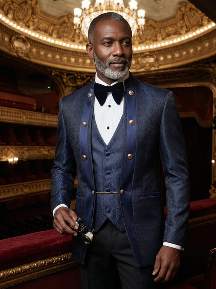 Indigo Majesty - Navy Blue Paisley Mandarin 3-Piece Tuxedo