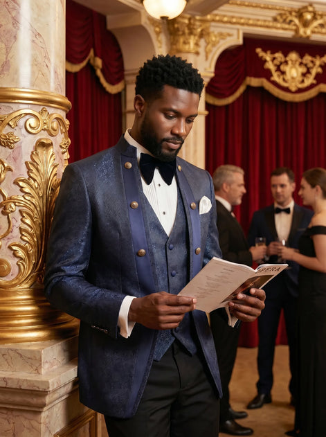 Indigo Majesty - Navy Blue Paisley Mandarin 3-Piece Tuxedo