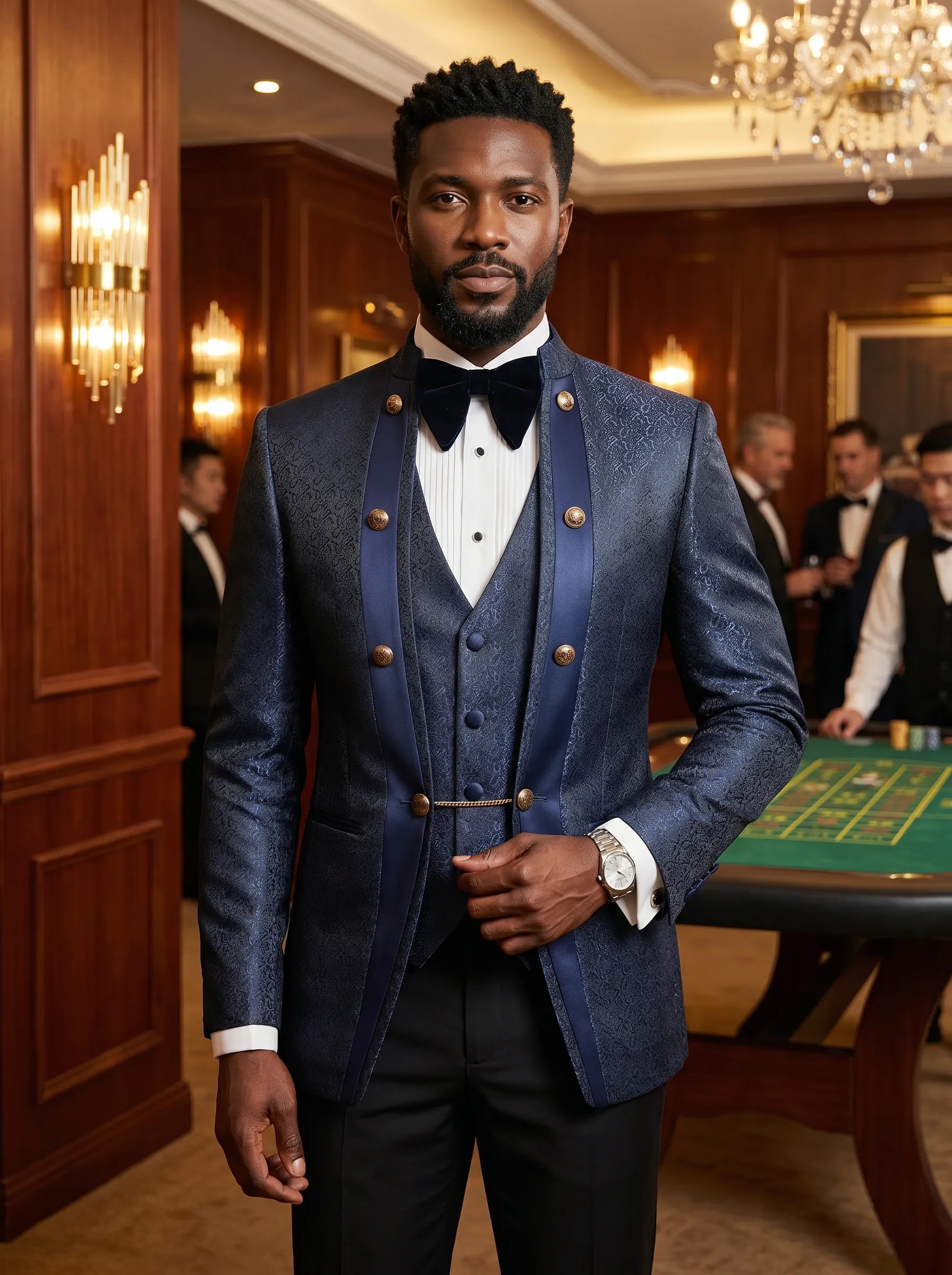 Indigo Majesty - Navy Blue Paisley Mandarin 3-Piece Tuxedo
