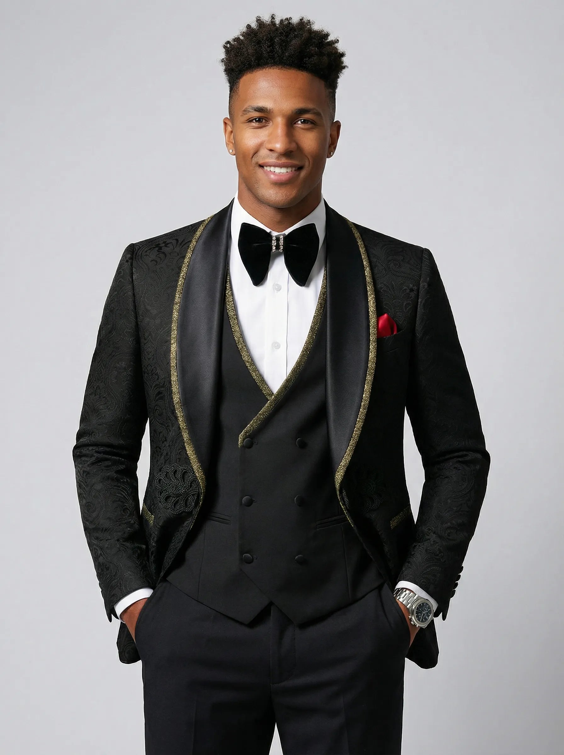 Man wearing The Obsidian Gilt black and gold damask 3-piece tuxedo set - Nevo Suits