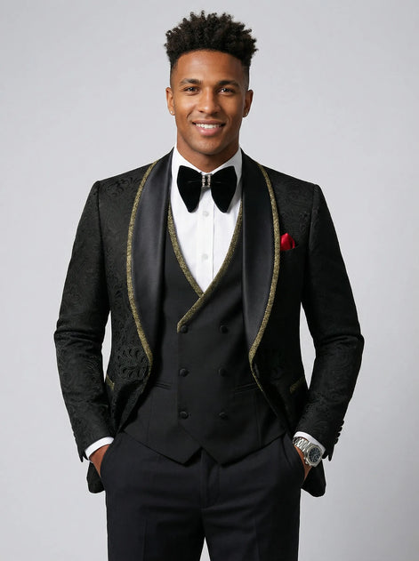 Man wearing The Obsidian Gilt black and gold damask 3-piece tuxedo set - Nevo Suits