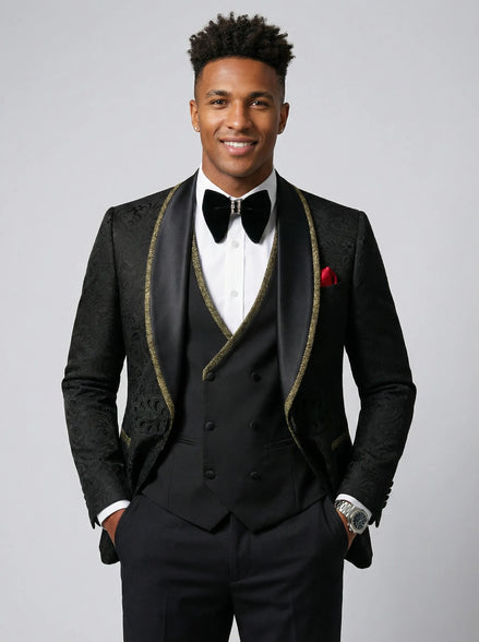 Man wearing The Obsidian Gilt black and gold damask 3-piece tuxedo set - Nevo Suits