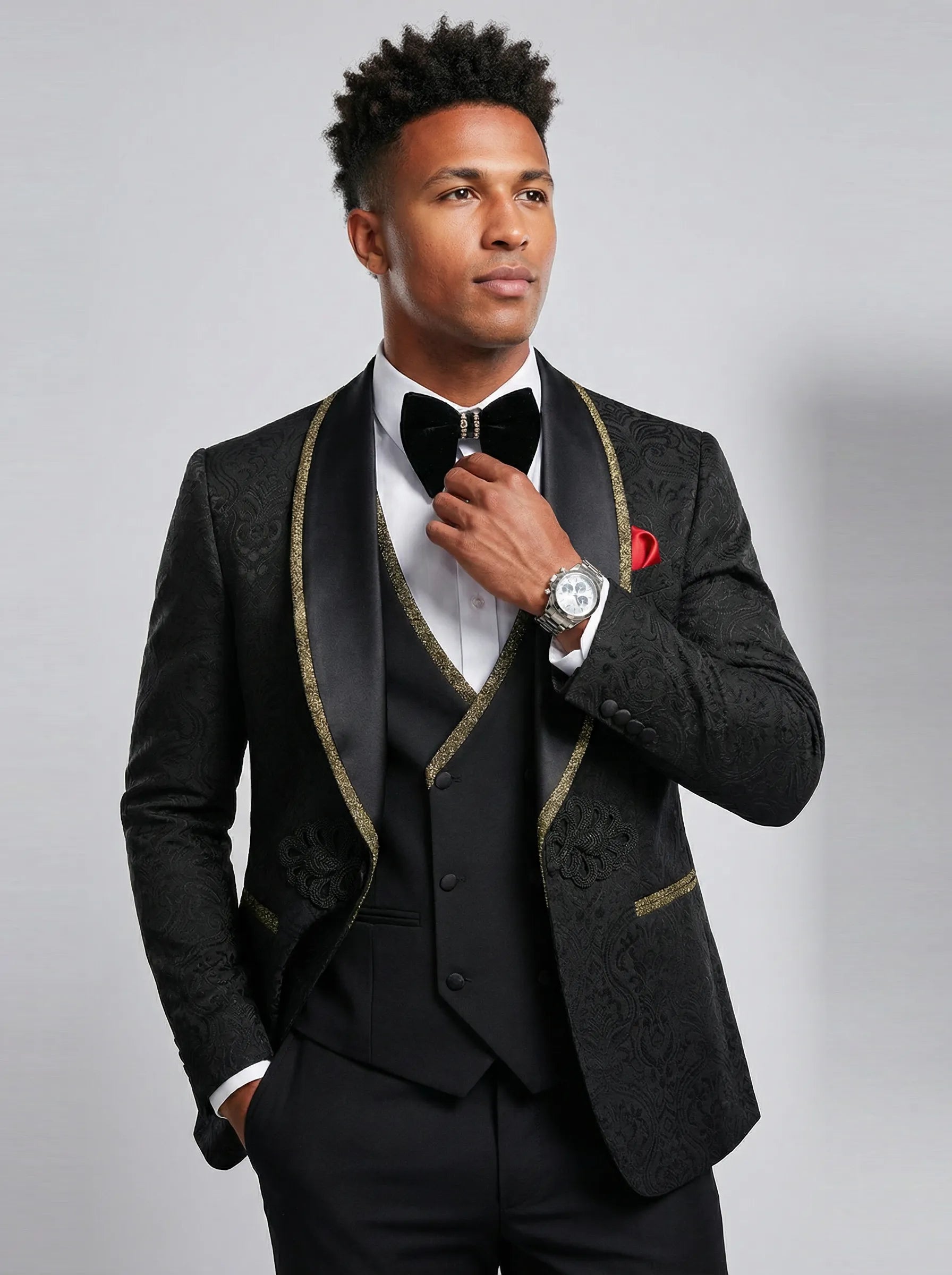Obsidian Gilt - Black Damask Gold Trim 3-Piece Tuxedo - Nevo Suits