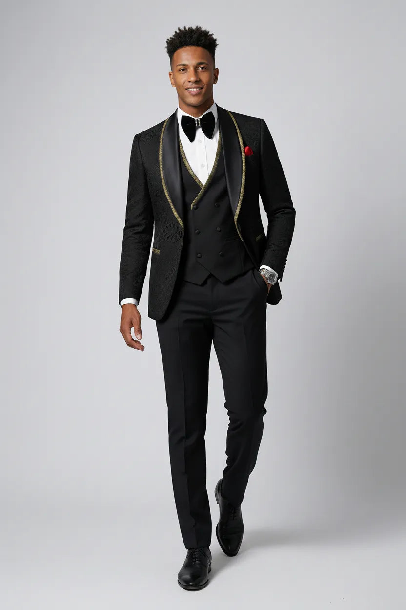 Man wearing The Obsidian Gilt black and gold damask 3-piece tuxedo set - Nevo Suits