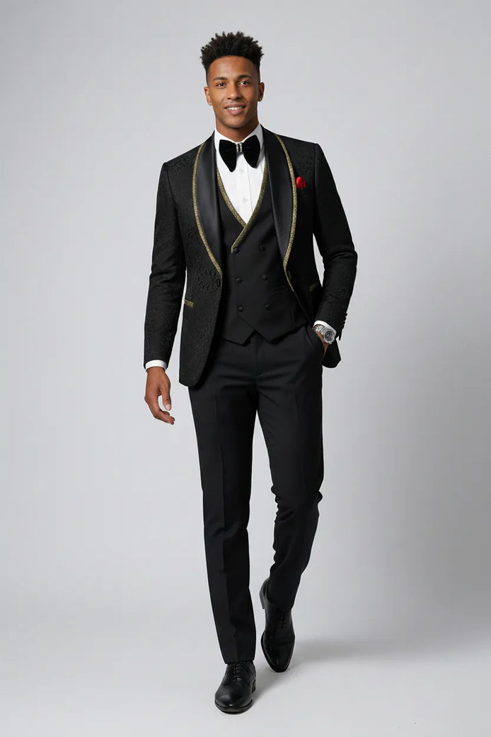 Man wearing The Obsidian Gilt black and gold damask 3-piece tuxedo set - Nevo Suits