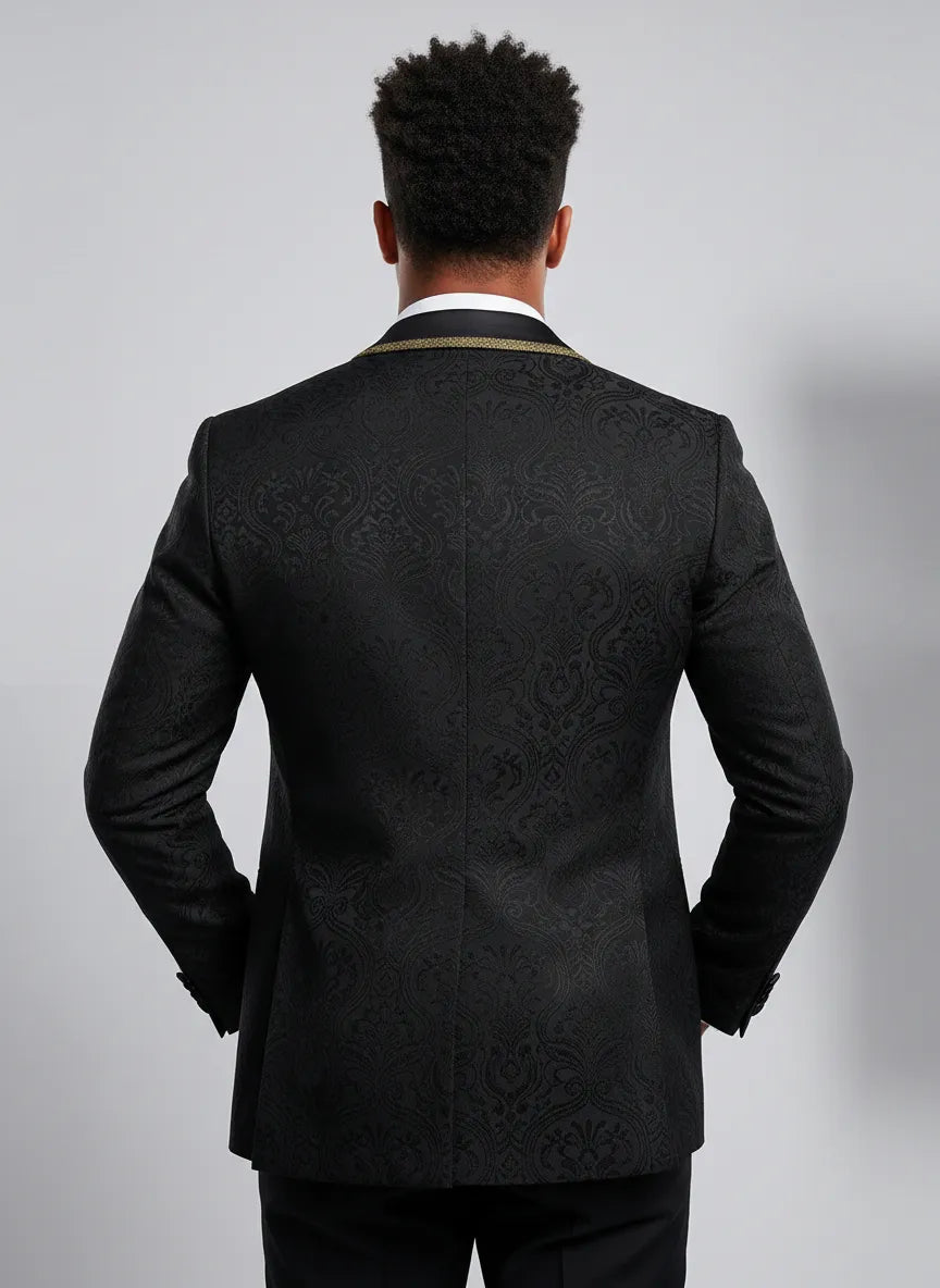 Sharp slim fit back view of The Obsidian Gilt tuxedo jacket showing tailored shoulders