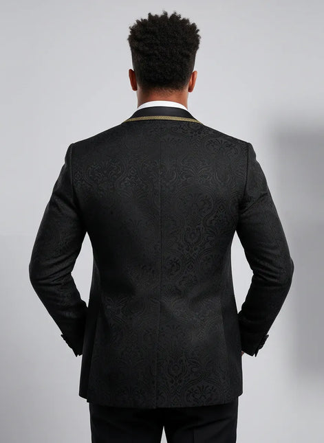 Sharp slim fit back view of The Obsidian Gilt tuxedo jacket showing tailored shoulders