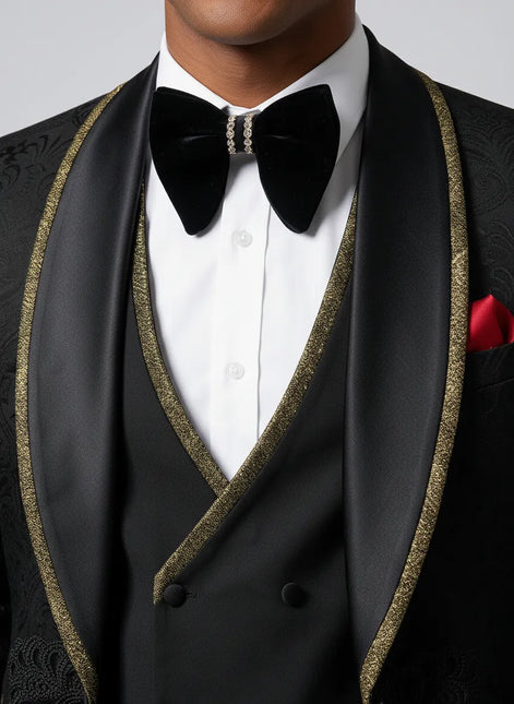 Obsidian Gilt - Black Damask Gold Trim 3-Piece Tuxedo - Nevo Suits