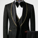 Close up of black satin shawl collar with metallic gold trim on Nevo tuxedo jacket