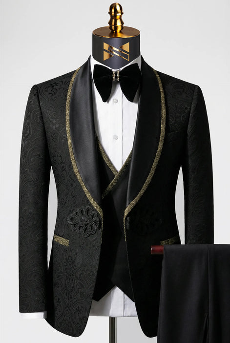 Close up of black satin shawl collar with metallic gold trim on Nevo tuxedo jacket