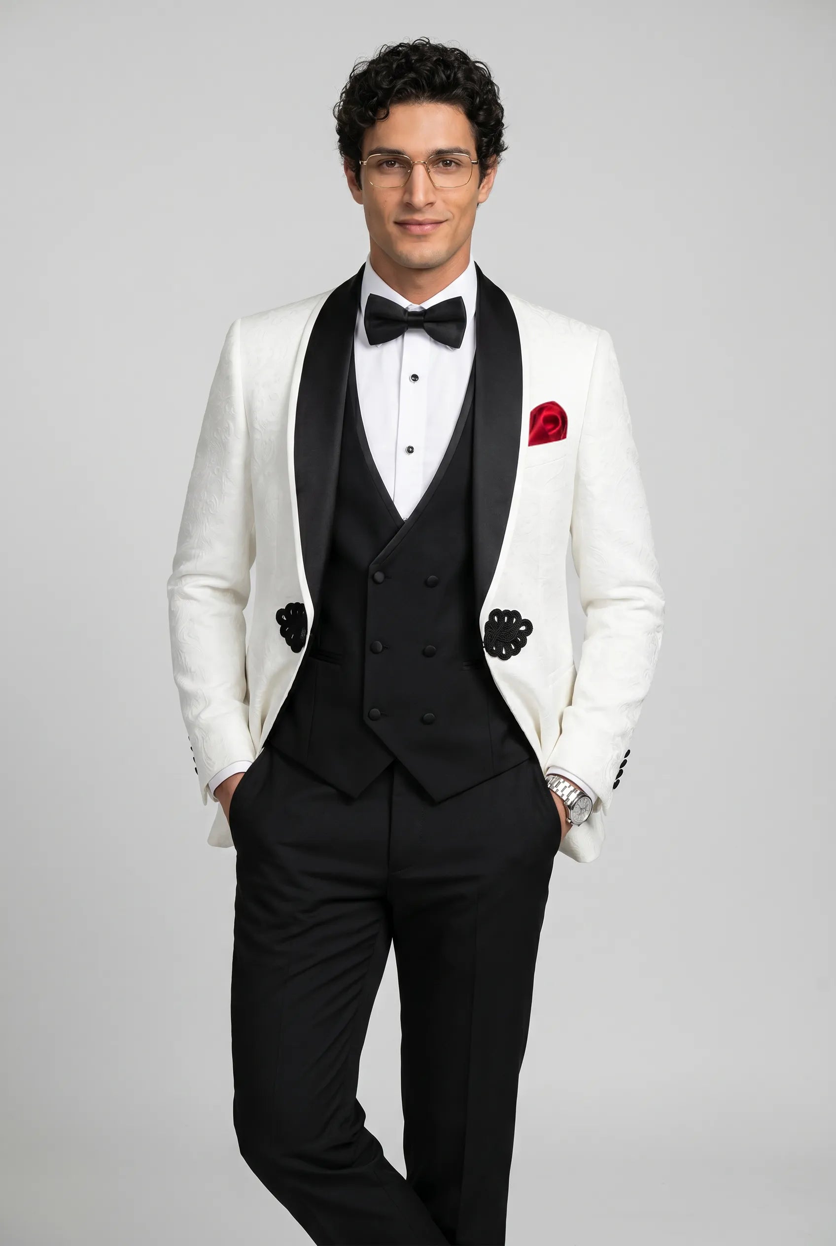 Regent Emblem - White & Black Jacquard Shawl 3-Piece Tuxedo