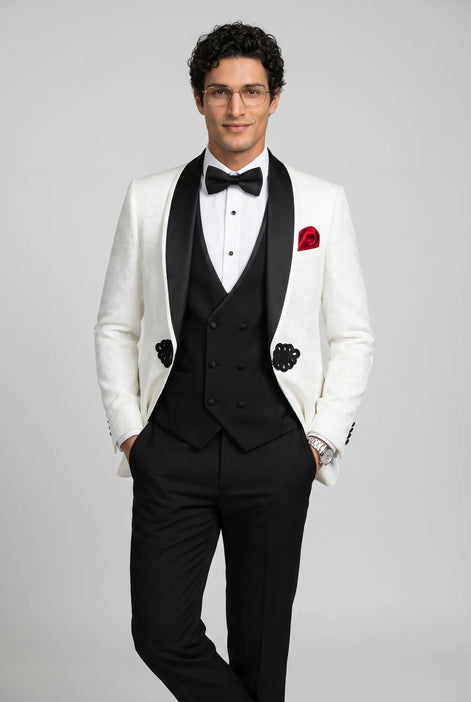 Regent Emblem - White & Black Jacquard Shawl 3-Piece Tuxedo