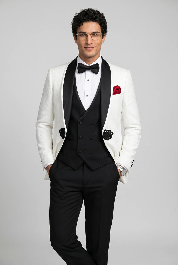 Regent Emblem - White & Black Jacquard Shawl 3-Piece Tuxedo