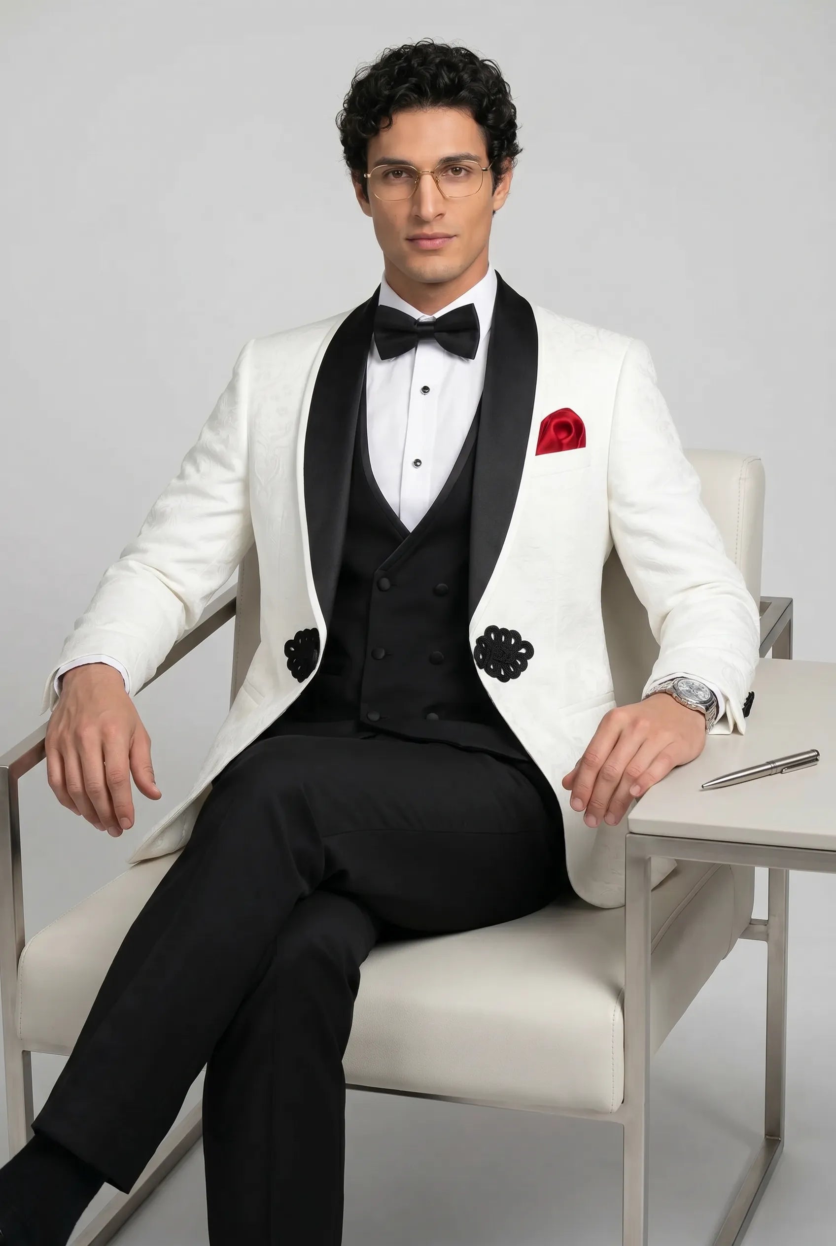 Regent Emblem - White & Black Jacquard Shawl 3-Piece Tuxedo