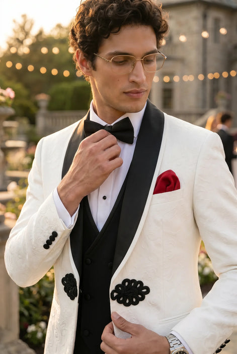 Regent Emblem - White & Black Jacquard Shawl 3-Piece Tuxedo