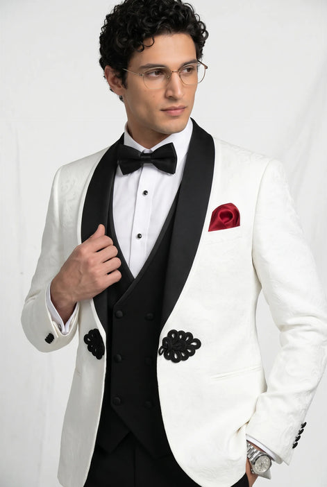 Regent Emblem - White & Black Jacquard Shawl 3-Piece Tuxedo