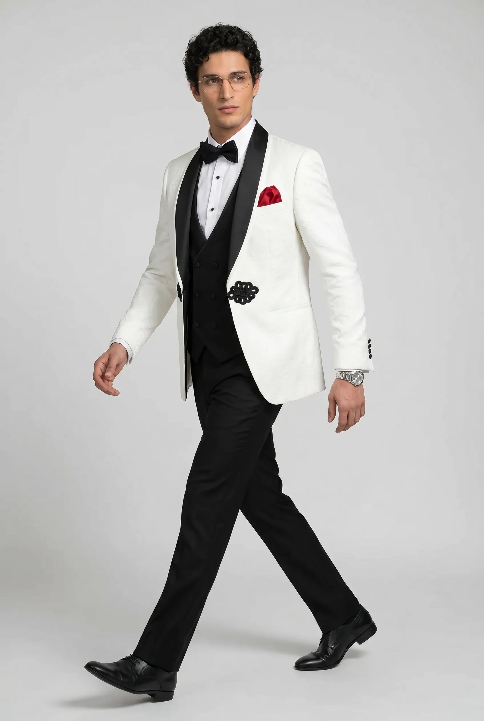 Regent Emblem - White & Black Jacquard Shawl 3-Piece Tuxedo