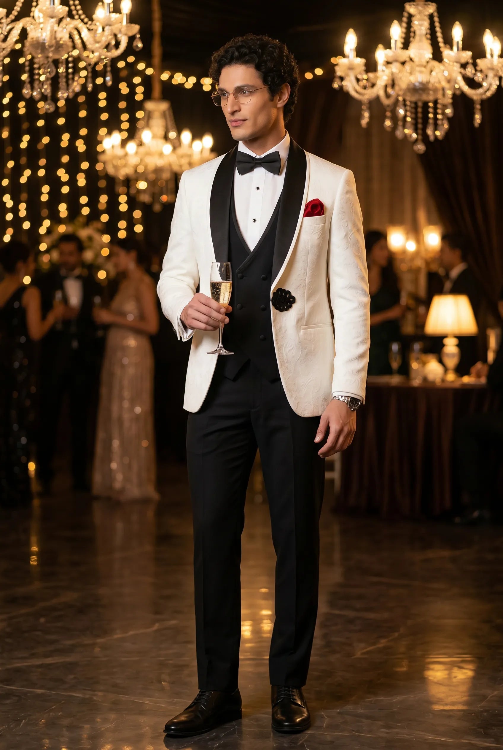 Regent Emblem - White & Black Jacquard Shawl 3-Piece Tuxedo