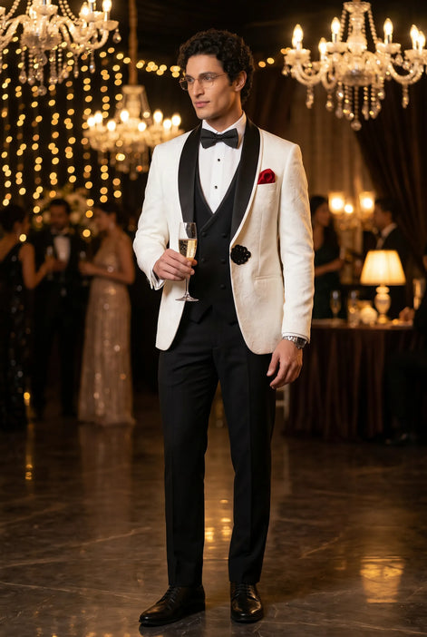 Regent Emblem - White & Black Jacquard Shawl 3-Piece Tuxedo