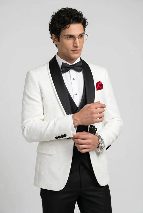 Regent Emblem - White & Black Jacquard Shawl 3-Piece Tuxedo