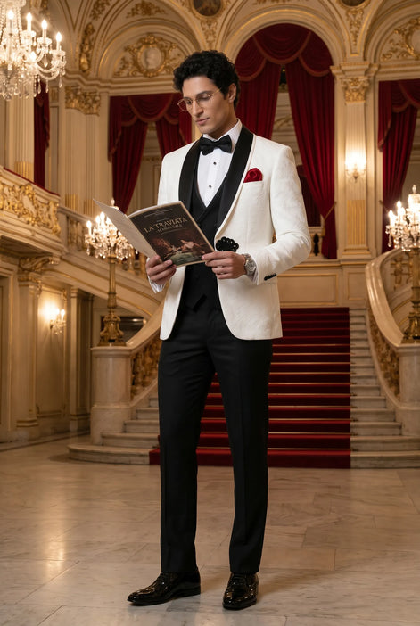 Regent Emblem - White & Black Jacquard Shawl 3-Piece Tuxedo