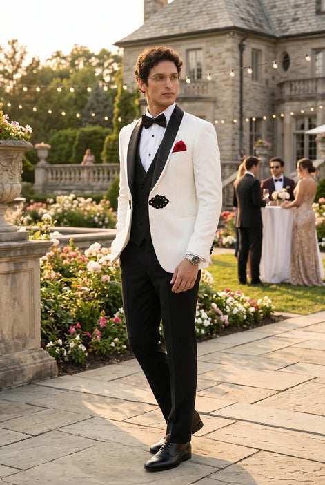 Regent Emblem - White & Black Jacquard Shawl 3-Piece Tuxedo