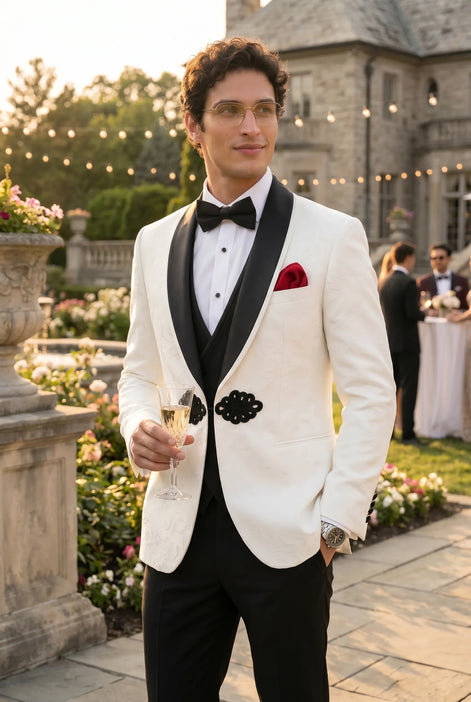 Regent Emblem - White & Black Jacquard Shawl 3-Piece Tuxedo