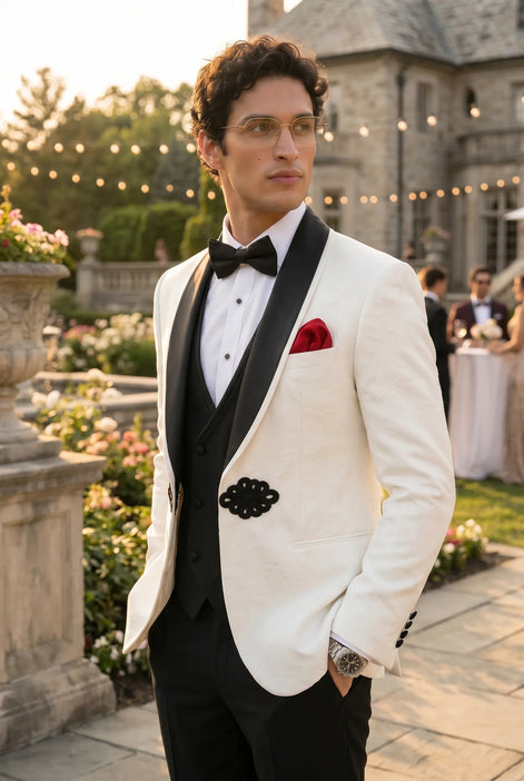 Regent Emblem - White & Black Jacquard Shawl 3-Piece Tuxedo