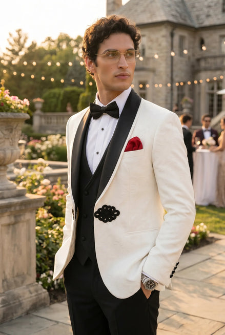 Regent Emblem - White & Black Jacquard Shawl 3-Piece Tuxedo