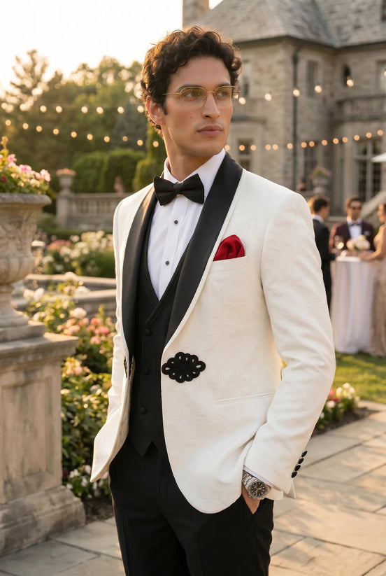 Regent Emblem - White & Black Jacquard Shawl 3-Piece Tuxedo