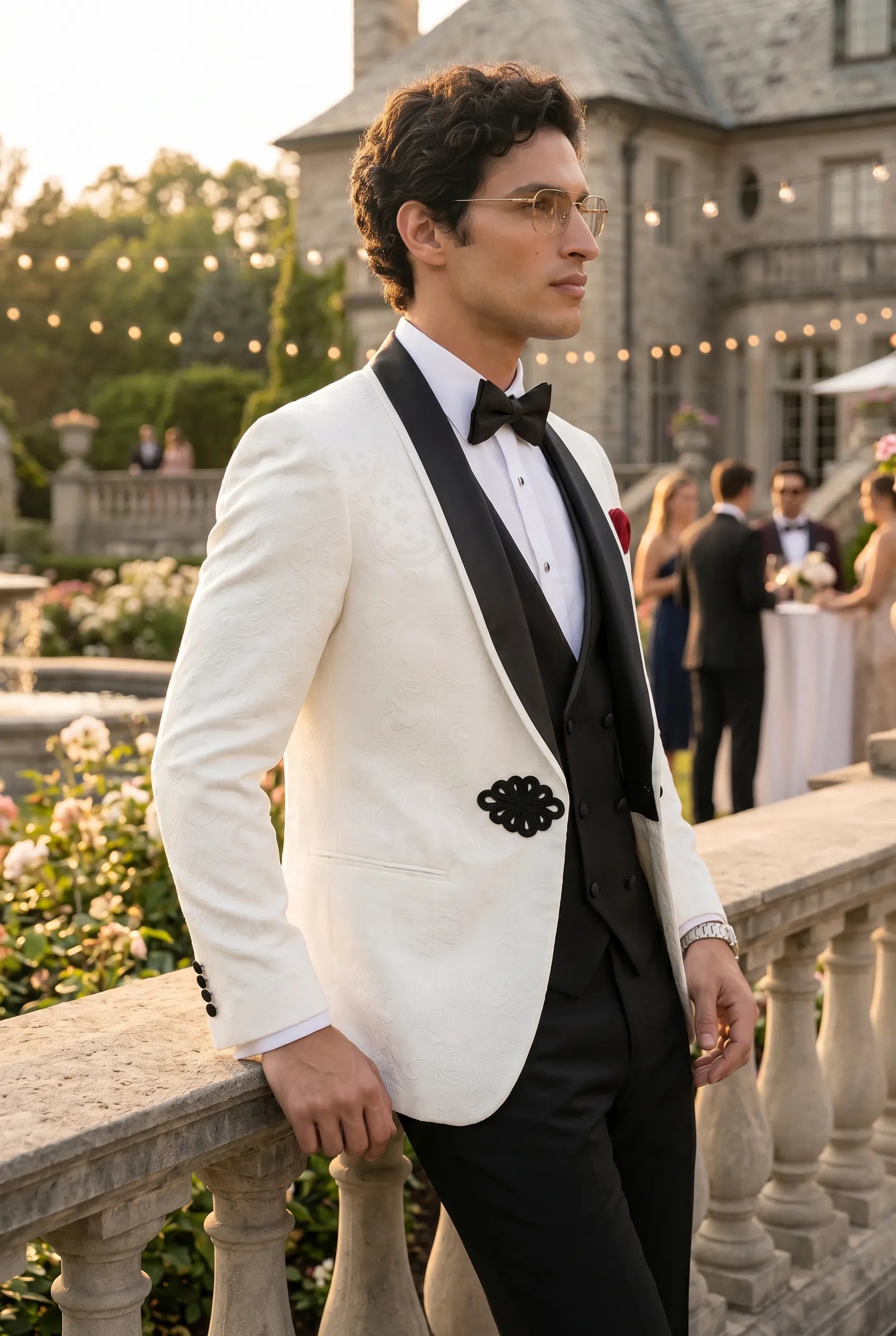 Regent Emblem - White & Black Jacquard Shawl 3-Piece Tuxedo