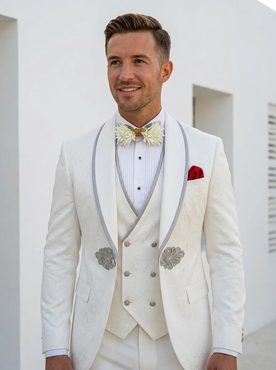 Oracle Emblem - White Silver Jacquard Shawl 3-Piece Tuxedo