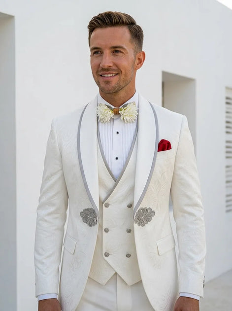 Oracle Emblem - White Silver Jacquard Shawl 3-Piece Tuxedo