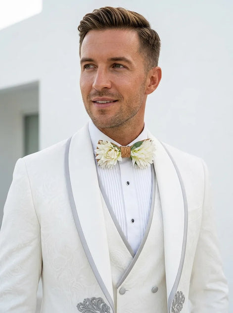Oracle Emblem - White Silver Jacquard Shawl 3-Piece Tuxedo