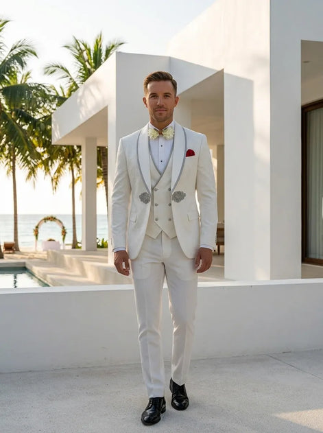Oracle Emblem - White Silver Jacquard Shawl 3-Piece Tuxedo